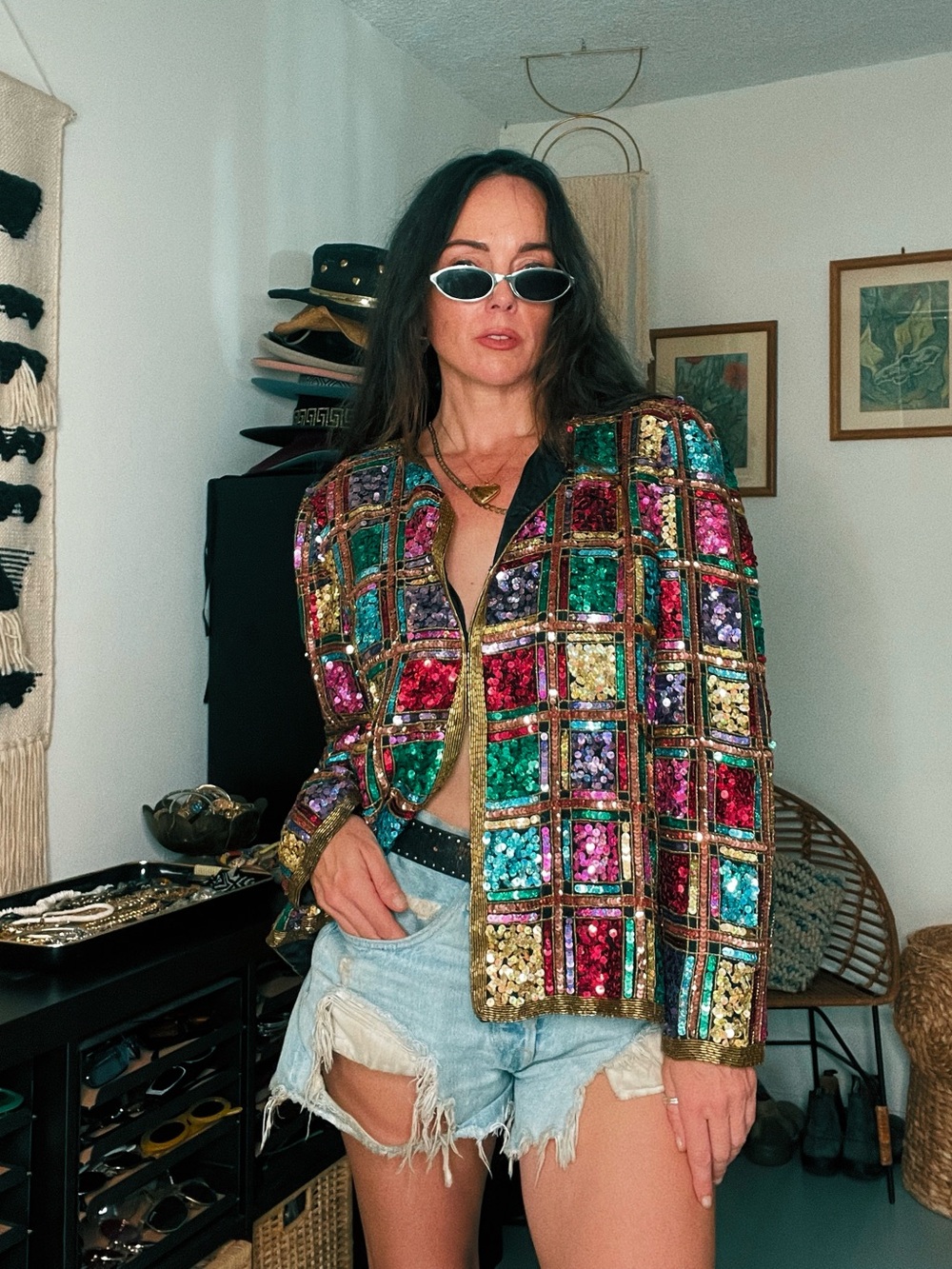 90s Laurence Kazar Multicolor Sequin Patchwork Jacket with Gold Trim - Picture 12 of 13